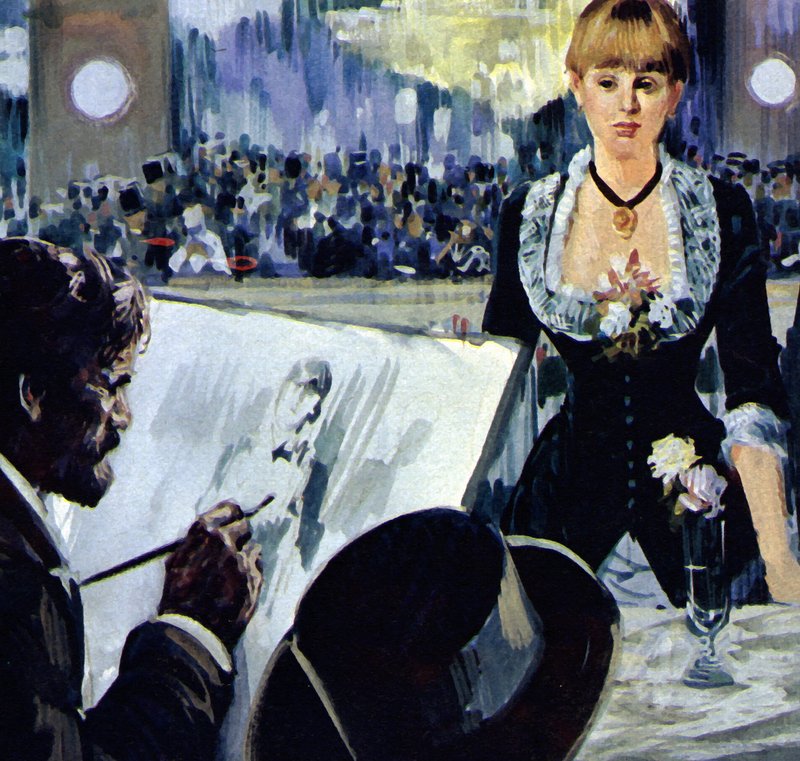 Manet maler jenta bak baren på Folies-Bergère (fargelitografi) av Luis Arcas Brauner