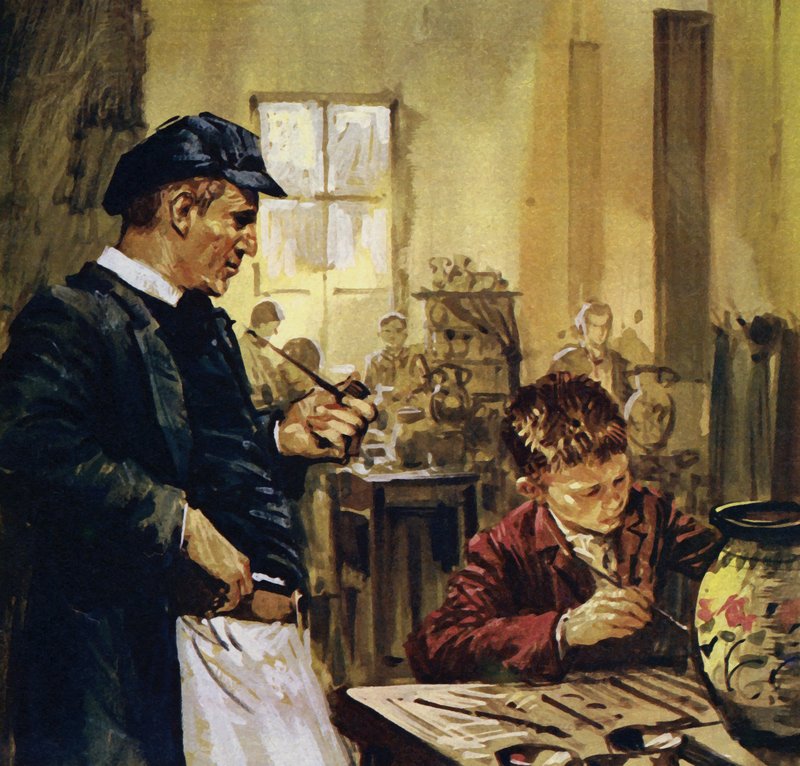 Pierre Auguste Renoir jobbet som barn på en porselensfabrikk (fargelitografi) av Luis Arcas Brauner