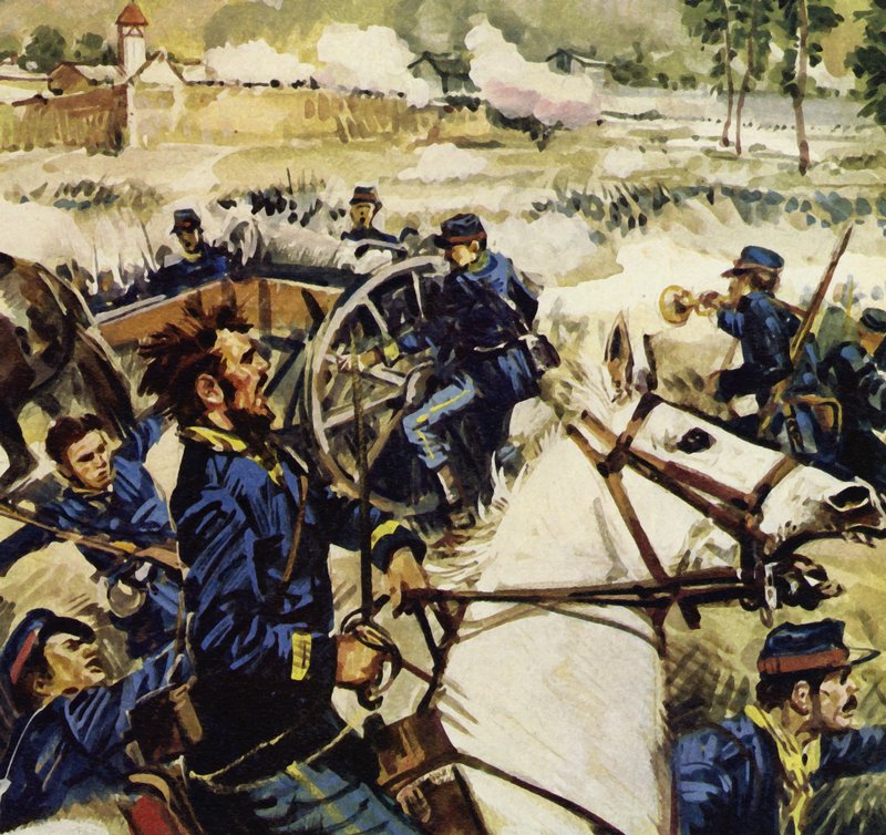 Da krigen brøt ut mellom Frankrike og Preussen, sluttet Manet seg til artilleriet (fargelitografi) av Luis Arcas Brauner