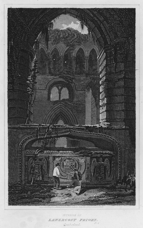 Interiør i Lanercost Priory, Cumberland (gravering) av Luke (after) Clennell