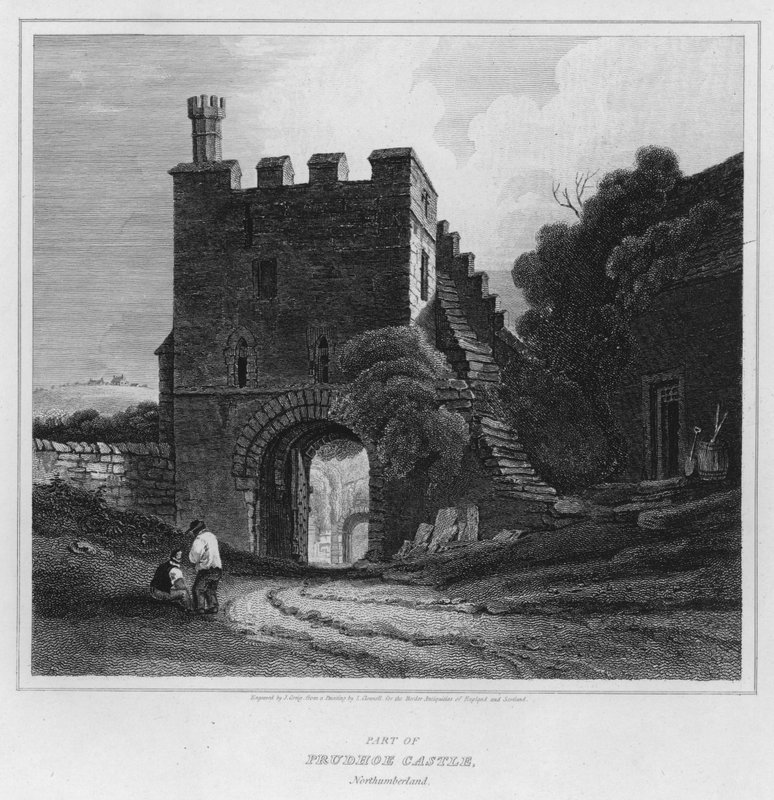 En del av Prudhoe Castle, Northumberland (gravering) av Luke (after) Clennell