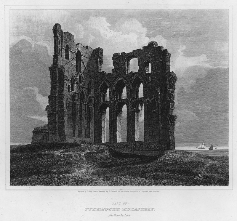 En del av Tynemouth Monastery, Northumberland (gravering) av Luke (after) Clennell