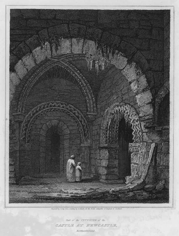 En del av det indre av slottet i Newcastle, Northumberland (gravering) av Luke (after) Clennell