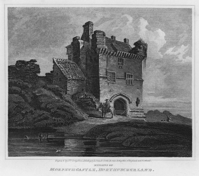 Rester av Morpeth Castle, Northumberland (gravering) av Luke (after) Clennell