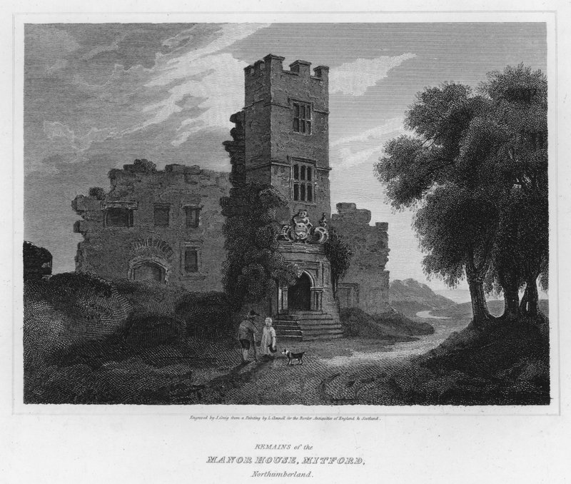 Rester av herregården, Mitford, Northumberland (gravering) av Luke (after) Clennell
