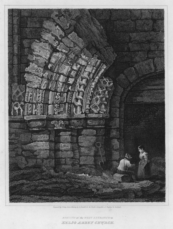 Rester av vestinngangen til Kelso Abbey Church (gravering) av Luke (after) Clennell