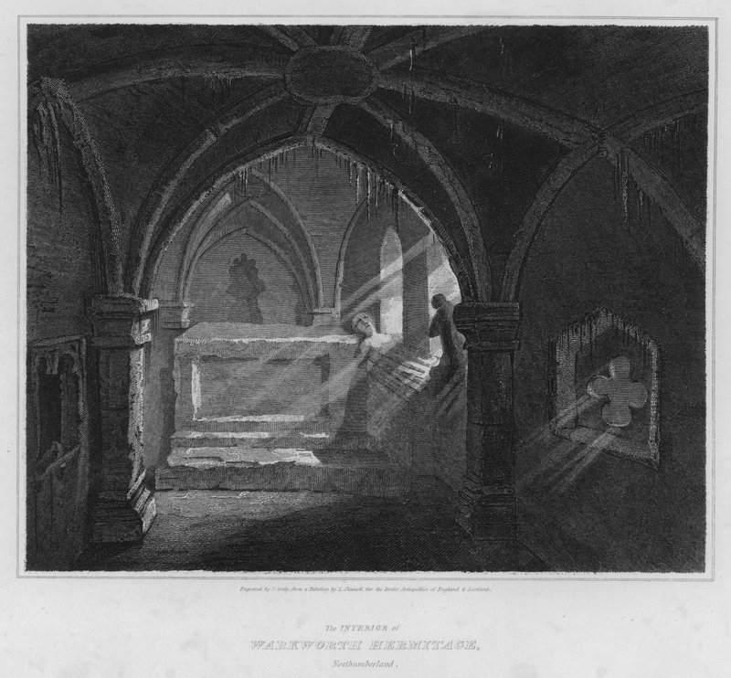 Interiøret i Warkworth Hermitage, Northumberland (gravering) av Luke (after) Clennell