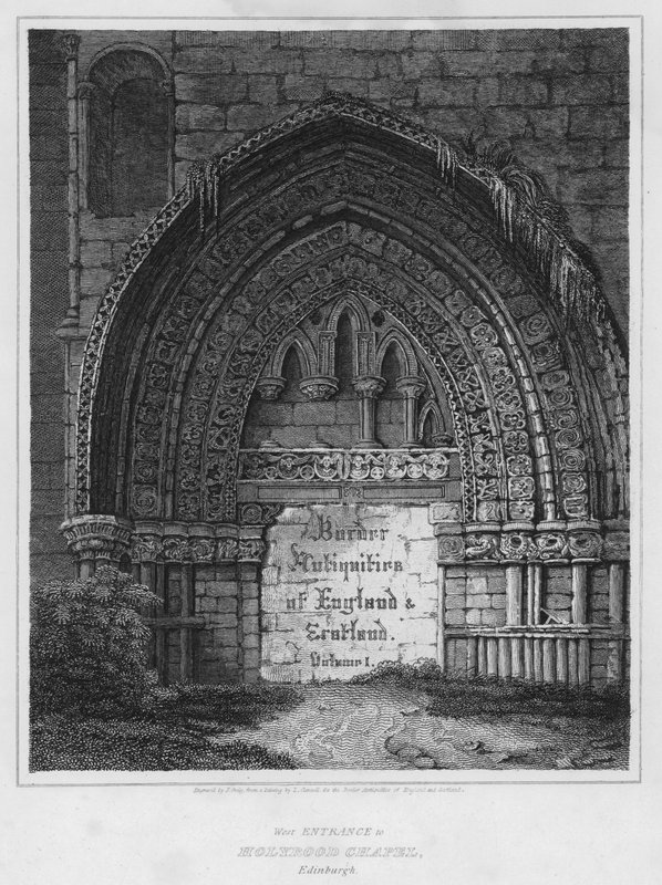 Vestinngang til Holyrood Chapel, Edinburgh (gravering) av Luke (after) Clennell