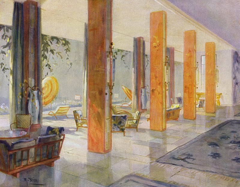 Interiør fra 1930-tallet: Hagehallen til et hotell (farge litho) av M. Stier