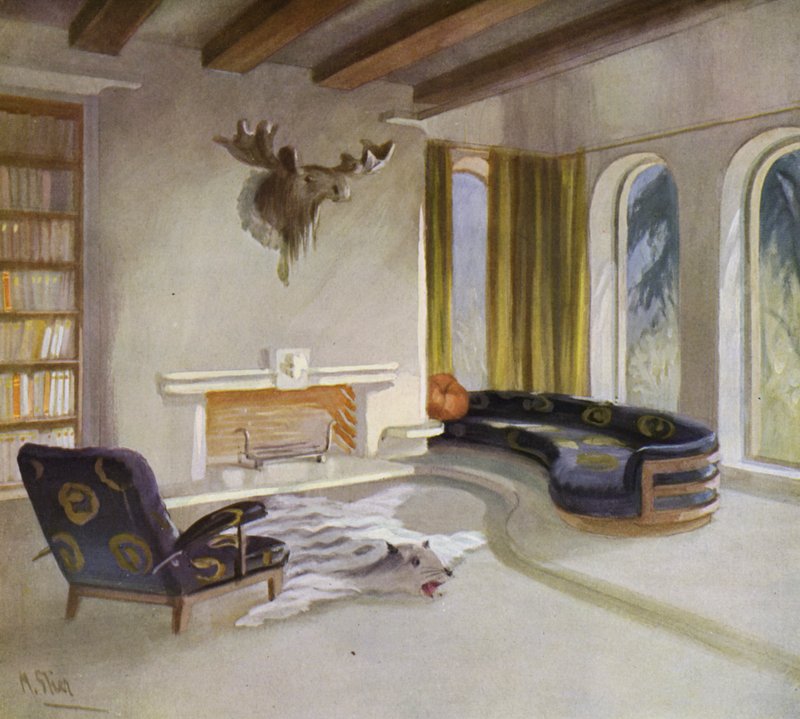 Interiør fra 1930-tallet: Røykerom i et landsted (farge litho) av M. Stier
