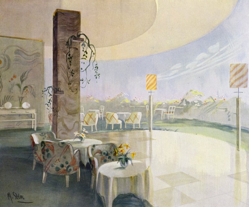 Interiør fra 1930-tallet: Terrassekafe (litho i farger) av M. Stier