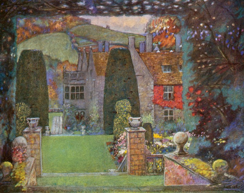 Hage ved St. Catherine#39;s Court, nær Bath, designet av Baillie Scott og Beresford, arkitekter, pastell av MH Baillie … (fargelitografi) av Mackay Hugh (after) Baillie Scott