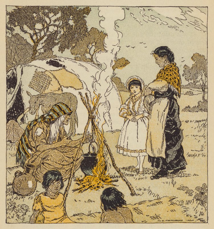 Maggie Tulliver med sigøynerne, scene fra The Mill on the Floss, av George Eliot (farge litho) av Malcolm Daniel Charleson