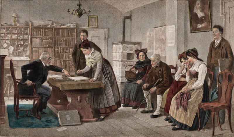 Signering av ekteskapskontrakten (fargefotogravyr) av Marc Louis Benjamin Vautier