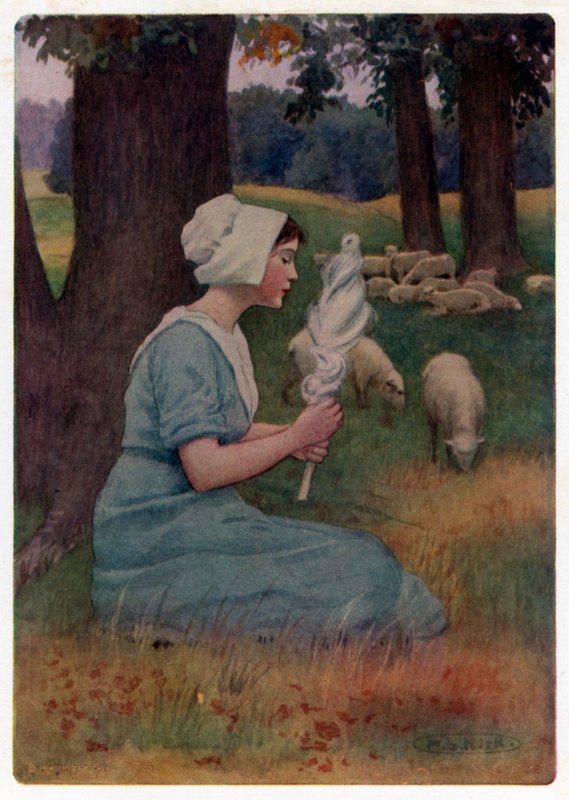 Chaucer's Canterbury Tales: "Passer flokkene hennes og spinner travelt på samme tid" (farge litho) av Maria Louise Kirk