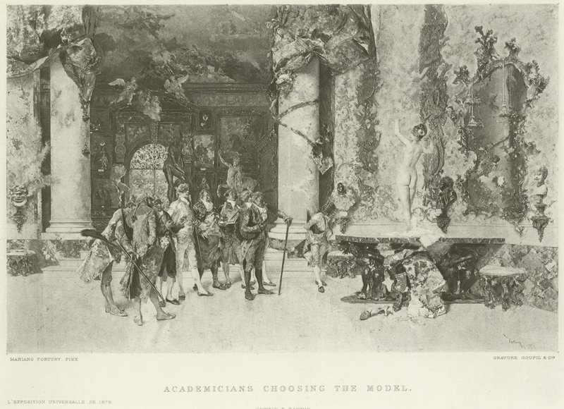 Akademikere som velger modellen (gravyr) av Mariano José María Bernardo Fortuny y Carbó