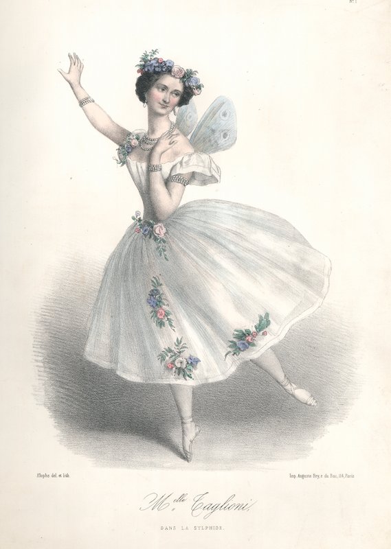 Den italienske ballettdanseren Marie Taglioni i faren Filippo Taglionis ballett Le Sylphide på Paris Opera av Marie Alexandre (after) Alophe