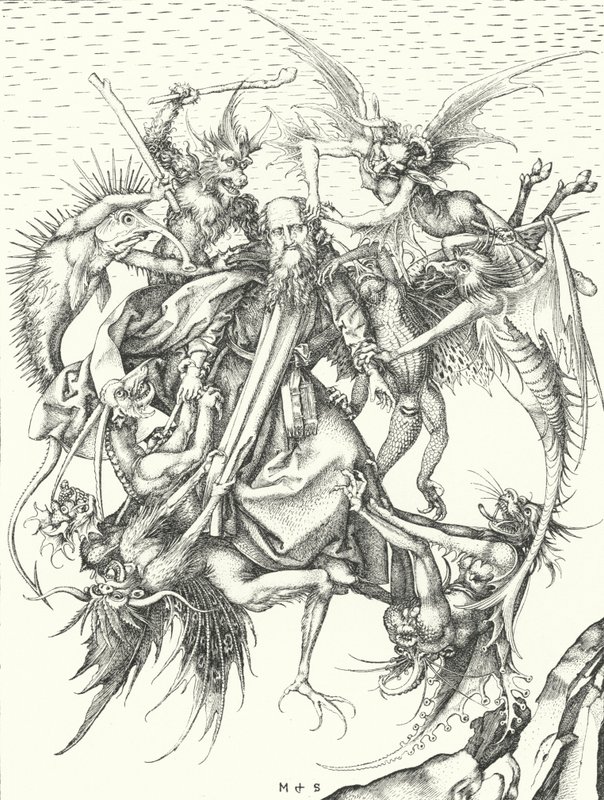 Temptation of St Anthony (gravering) av Martin (after) Schongauer