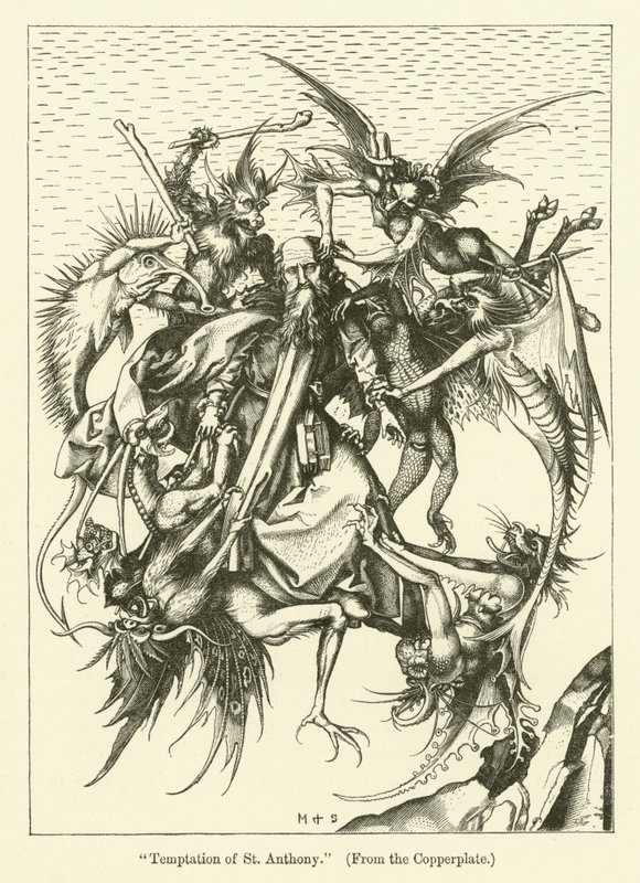 The Temptation of St Anthony (gravering) av Martin (after) Schongauer