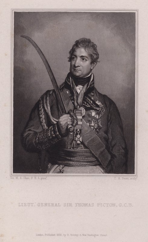 Sir Thomas Picton, walisisk general fra Napoleonskrigene drept i slaget ved Waterloo (gravering) av Martin Archer (after) Shee