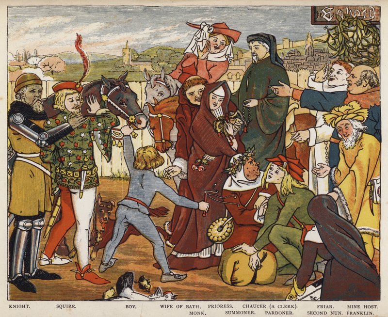 Geoffrey Chaucer, The Canterbury Tales, The Pilgrims forlate The Tabard Inn (farge litho) av Mary Eliza Haweis