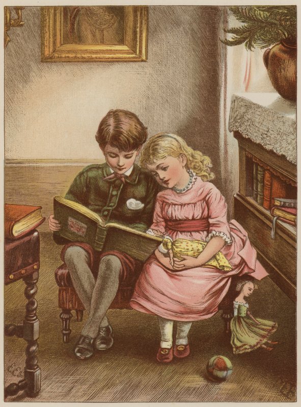 Gutt og jente leser bok (chromolitho) av Mary Ellen Edwards