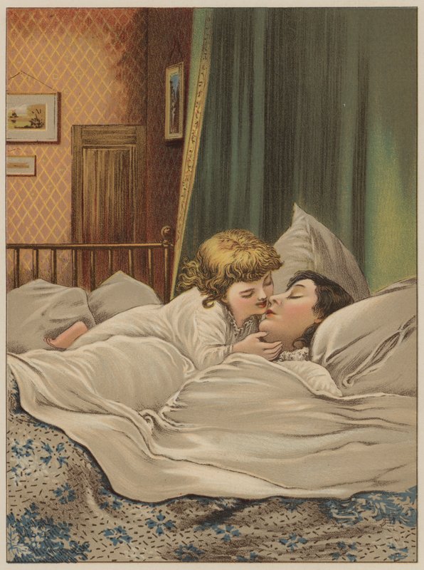 Barn i seng med mor (chromolitho) av Mary Ellen Edwards