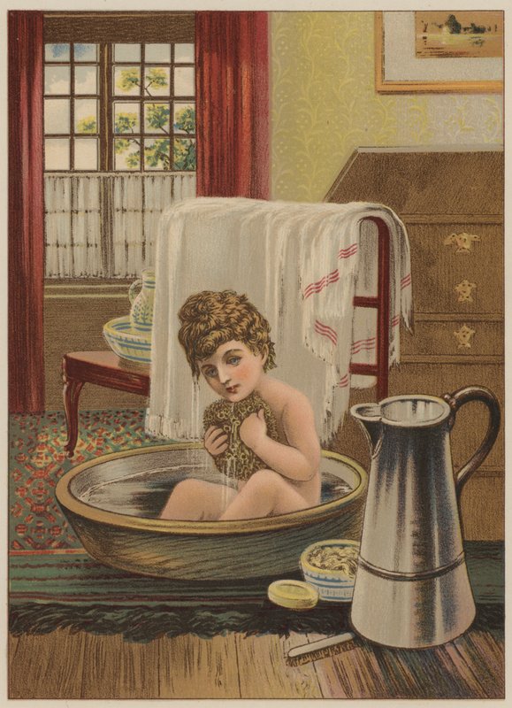 Barn som tar et bad (chromolitho) av Mary Ellen Edwards