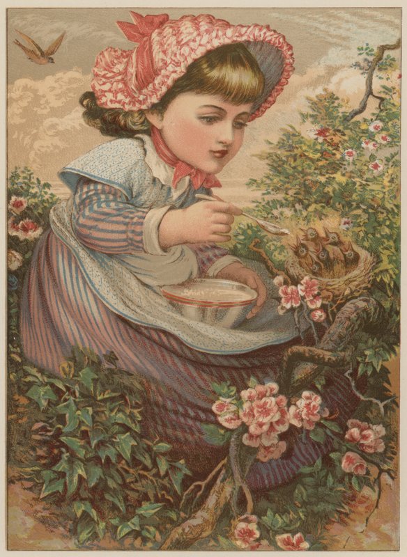 Jente som mater fugleunger (chromolitho) av Mary Ellen Edwards
