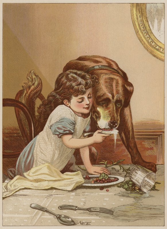 Jente som mater hund (chromolitho) av Mary Ellen Edwards