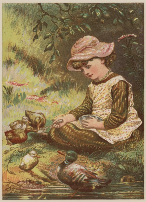 Jente som mater andunger (chromolitho) av Mary Ellen Edwards