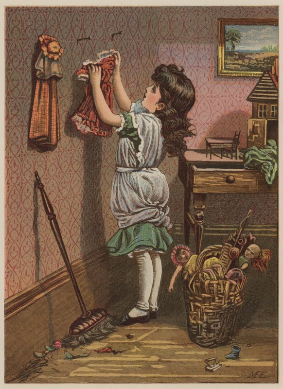 Jente som henger opp dukkeklær (chromolitho) av Mary Ellen Edwards