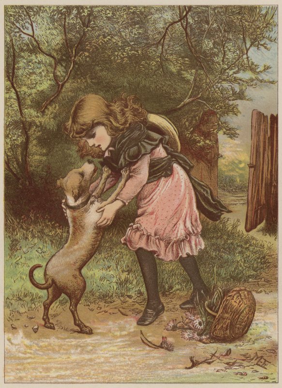 Jente som leker med hund (chromolitho) av Mary Ellen Edwards