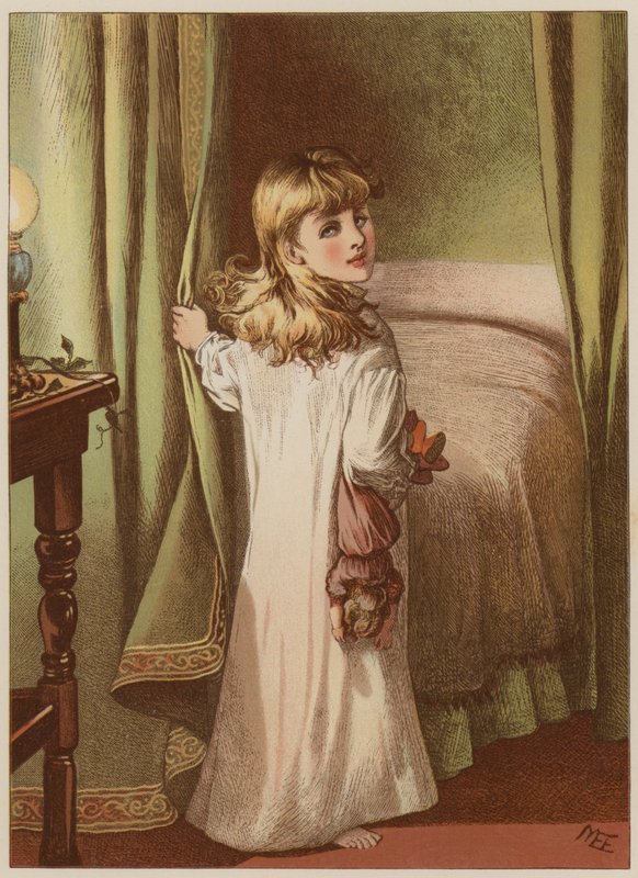 Jente trekker seg tilbake til sengs (chromolitho) av Mary Ellen Edwards