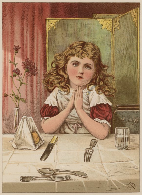 Jente som sier nåde før måltid (chromolitho) av Mary Ellen Edwards