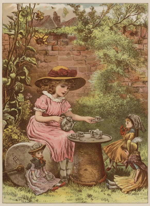 Jente som serverer te til dukkene sine (chromolitho) av Mary Ellen Edwards