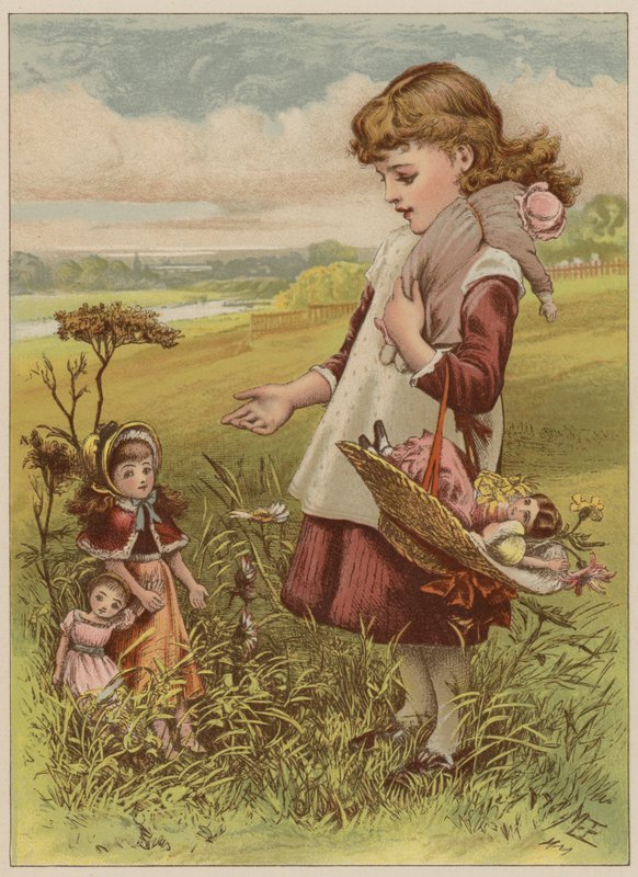 Jente som tar dukkene sine på tur (chromolitho) av Mary Ellen Edwards
