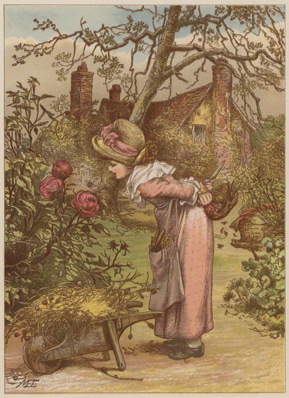 Jente som ser på bie i hagen (chromolitho) av Mary Ellen Edwards