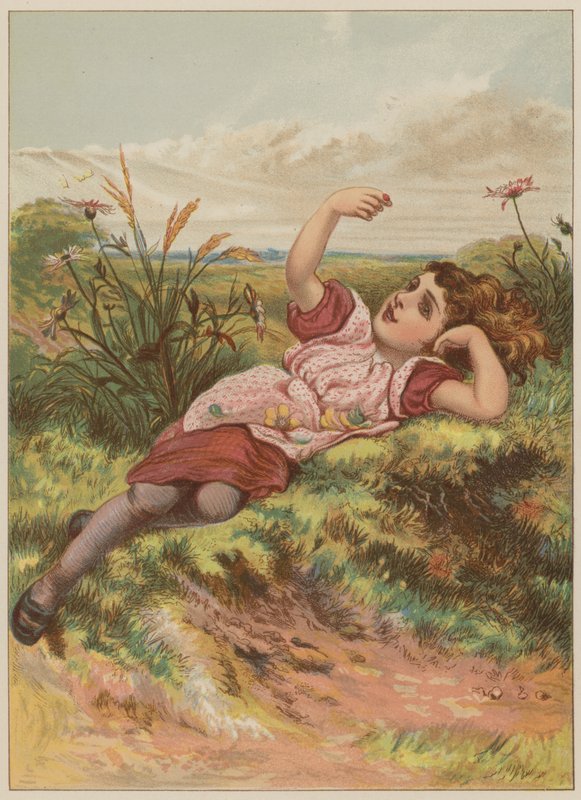 Jente med marihøne (chromolitho) av Mary Ellen Edwards