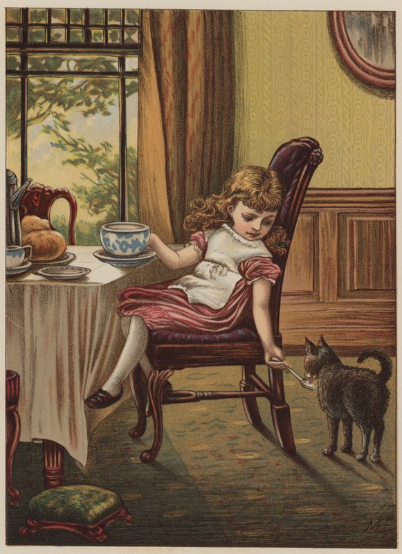Jente med svart katt (chromolitho) av Mary Ellen Edwards