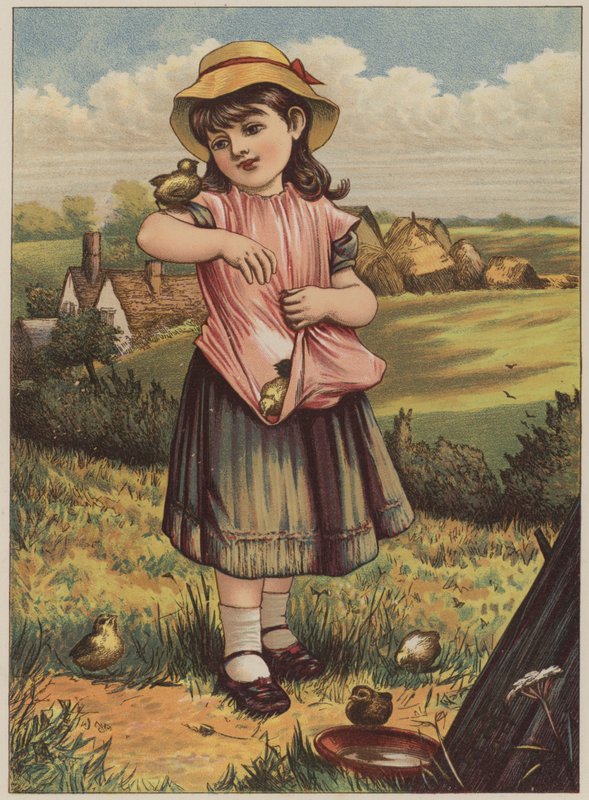 Jente med kyllinger (chromolitho) av Mary Ellen Edwards