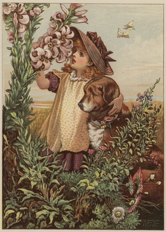 Jente med hund som lukter blomster (chromolitho) av Mary Ellen Edwards