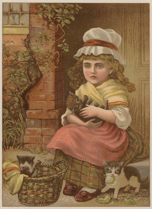 Jente med kattunger (chromolitho) av Mary Ellen Edwards