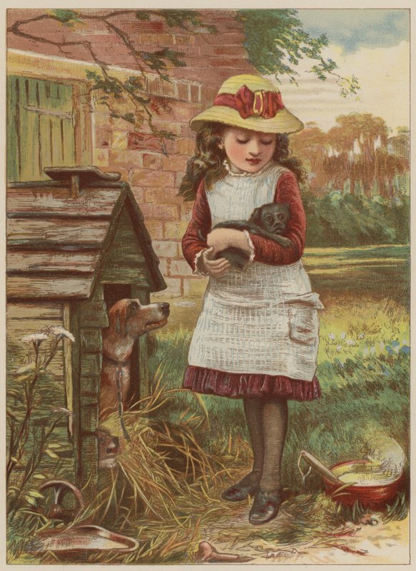 Jente med valp (chromolitho) av Mary Ellen Edwards