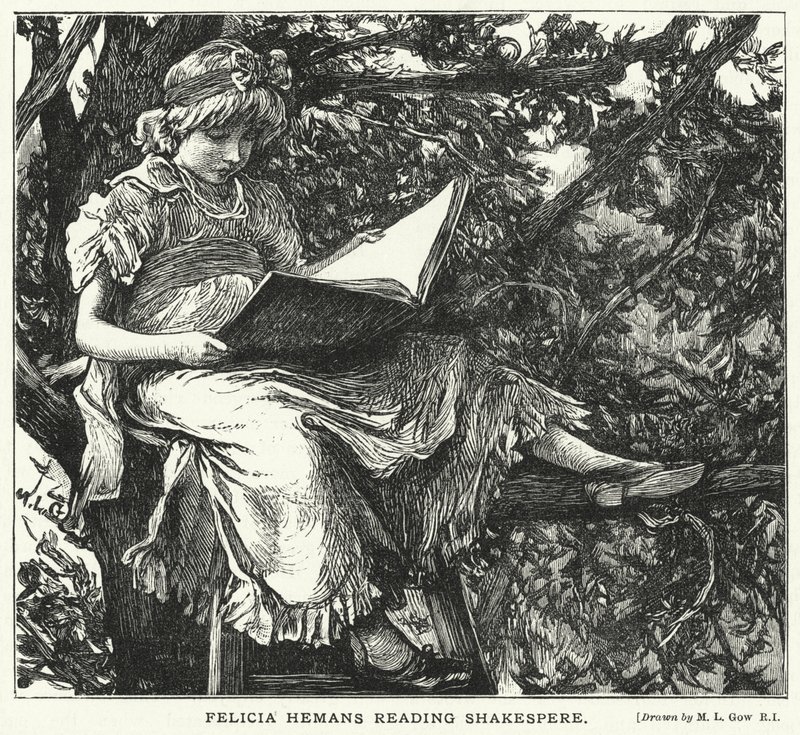Felicia Hemans Reading Shakespere (gravering) av Mary L. Gow