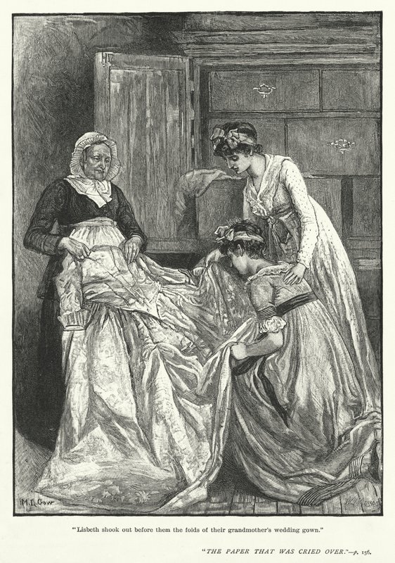 "Lisbeth ristet ut foldene til bestemorens brudekjole foran dem" (gravering) av Mary L. Gow