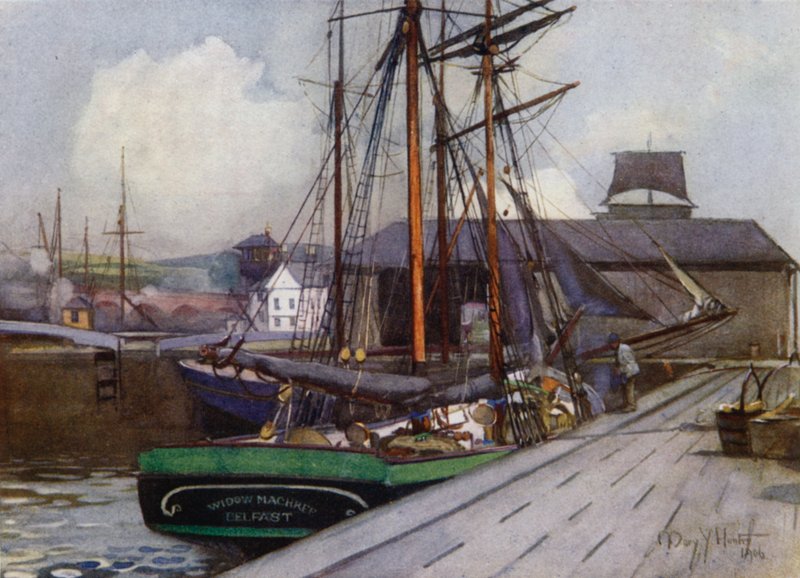 Inngang til Clyde and Forth Canal, Bowling (farge litho) av Mary Young Hunter