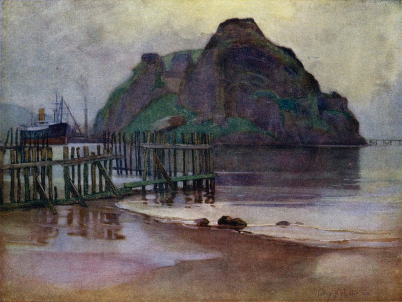 Lavvann ved daggry, Dumbarton Rock (farge litho) av Mary Young Hunter