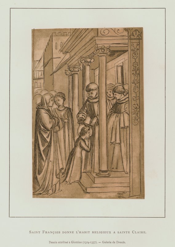 St Francis av Assisi klipper håret til St Claire (litho) av Maso di Banco Giottino