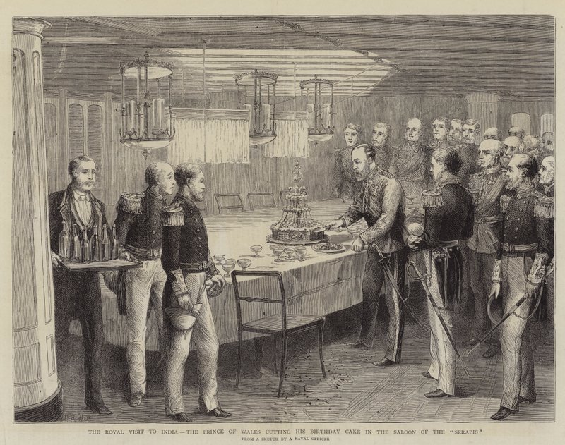 Det kongelige besøket til India, prinsen av Wales skjærer bursdagskaken sin i Saloon of the Serapis av Matthew White Ridley
